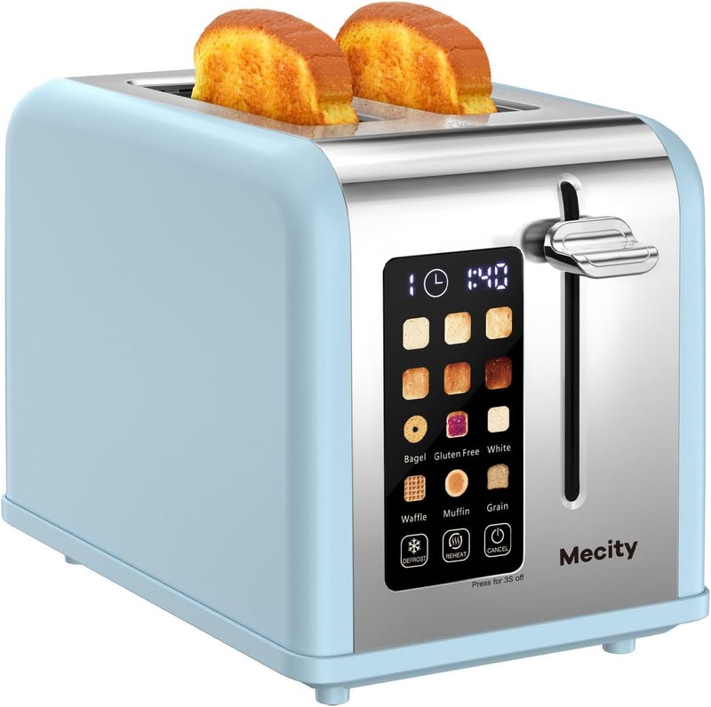 Mecity 2 Slice Touch Screen Toaster, 1.5" Wide Slot, Stainless Steel Smart Toaster for Bagels, Muffins, Waffles, Gluten-Free Breads, Defrost, Reheat, Timer, 120V 825W, Ice Blue - Image 1